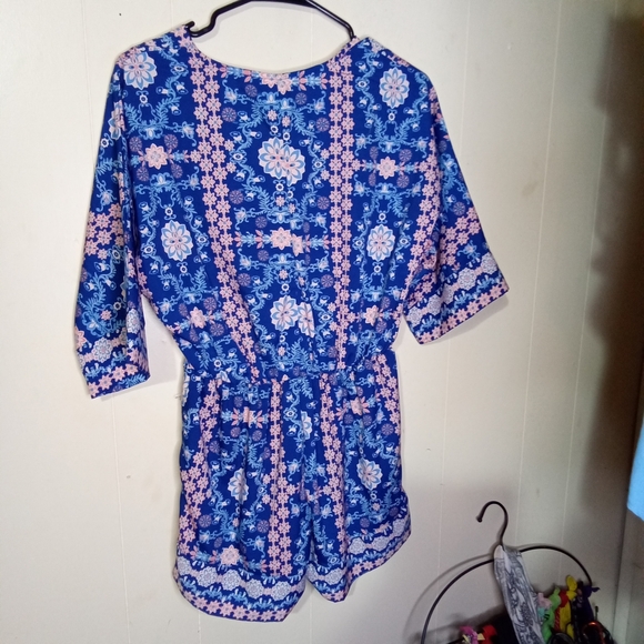 Japna Blue Floral Surplice Romper with Pink Accents - Picture 3 of 3